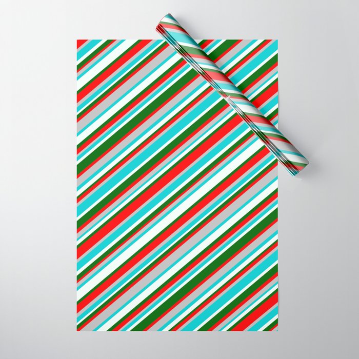 Vibrant Red, Grey, Dark Turquoise, Mint Cream, and Dark Green Colored Striped/Lined Pattern Wrapping Paper