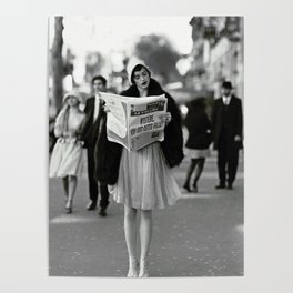 Roaring Twenties French Flapper Girl Reading Newspaper on the Street, Paris female portrait black and white photography - photographs Poster