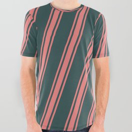 [ Thumbnail: Dark Slate Gray & Light Coral Colored Stripes Pattern All Over Graphic Tee ]