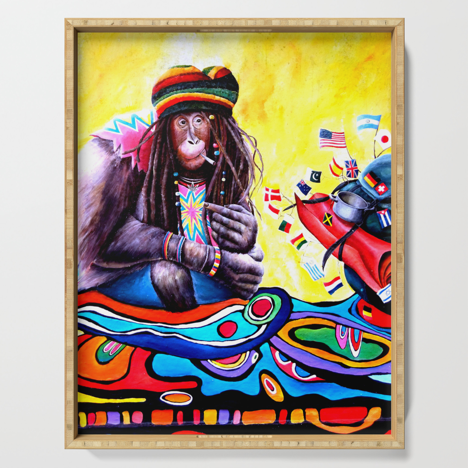 Monkey Smoking Outsider Art Painting Serving Tray By Bellajasper