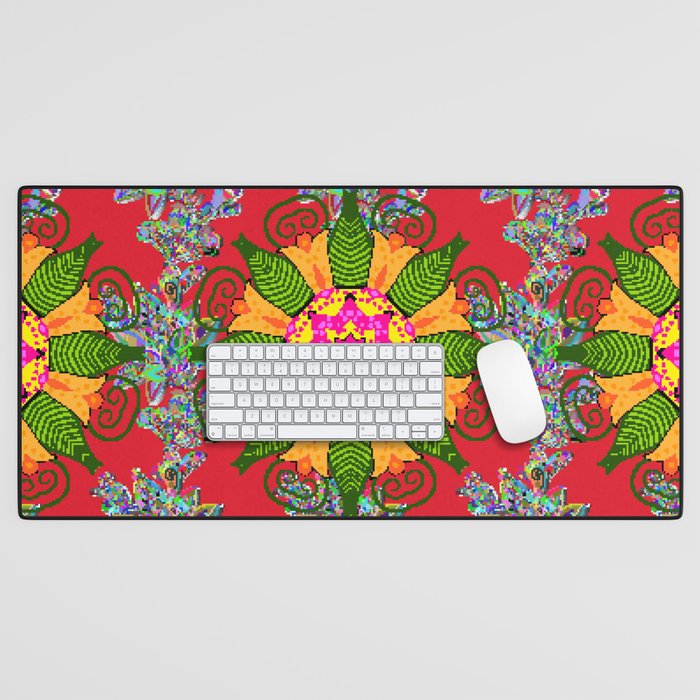 Colored round floral mandala on a red, green and yellow colors. Vintage illustration.  Desk Mat