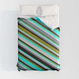 [ Thumbnail: Colorful Black, Green, Aqua, Light Gray, and Slate Gray Colored Stripes/Lines Pattern Comforter ]