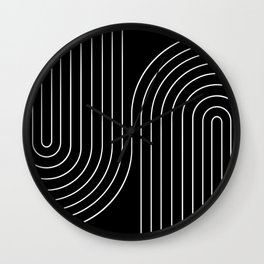 Minimal Line Curvature II Black and White Mid Century Modern Arch Abstract Wall Clock