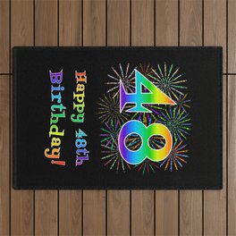[ Thumbnail: 48th Birthday - Fun Rainbow Spectrum Gradient Pattern Text, Bursting Fireworks Inspired Background Outdoor Rug ]