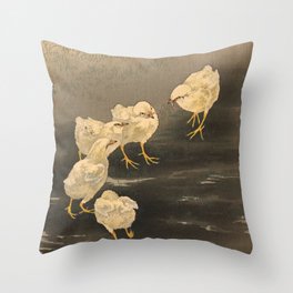 Chicks and a Worm, 1900 by Ohara Koson Throw Pillow