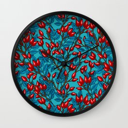 Rose hips, red and blue Wall Clock