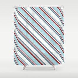 [ Thumbnail: Light Slate Gray, Mint Cream, Brown & Powder Blue Colored Lined/Striped Pattern Shower Curtain ]