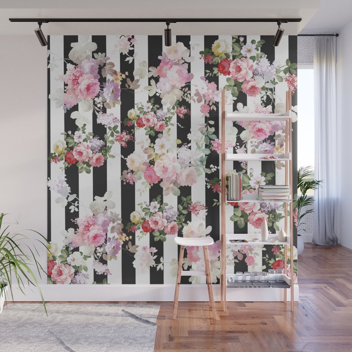 Bold pink watercolor roses floral black white stripes Wall Mural