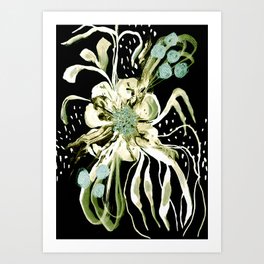 Whimsical Winter Bloom Green Black Maluka Art Art Print