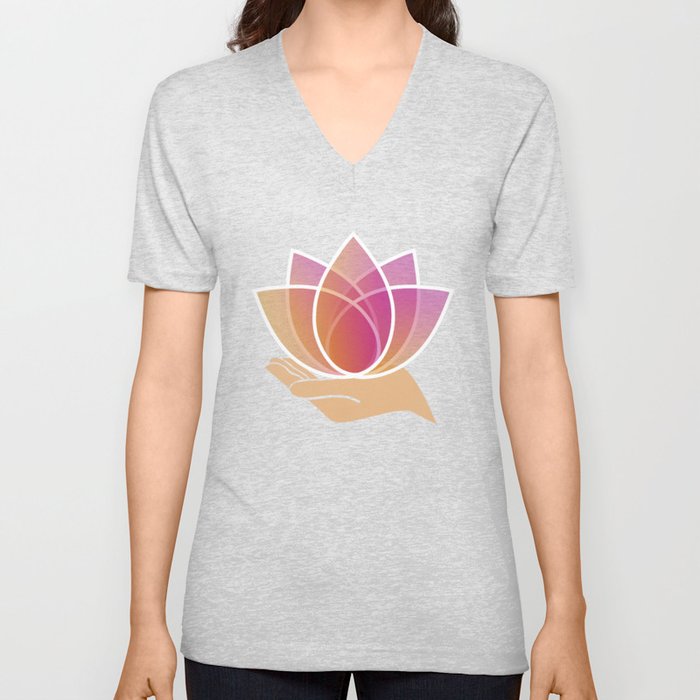 Hand holding a pink lotus flower	 V Neck T Shirt