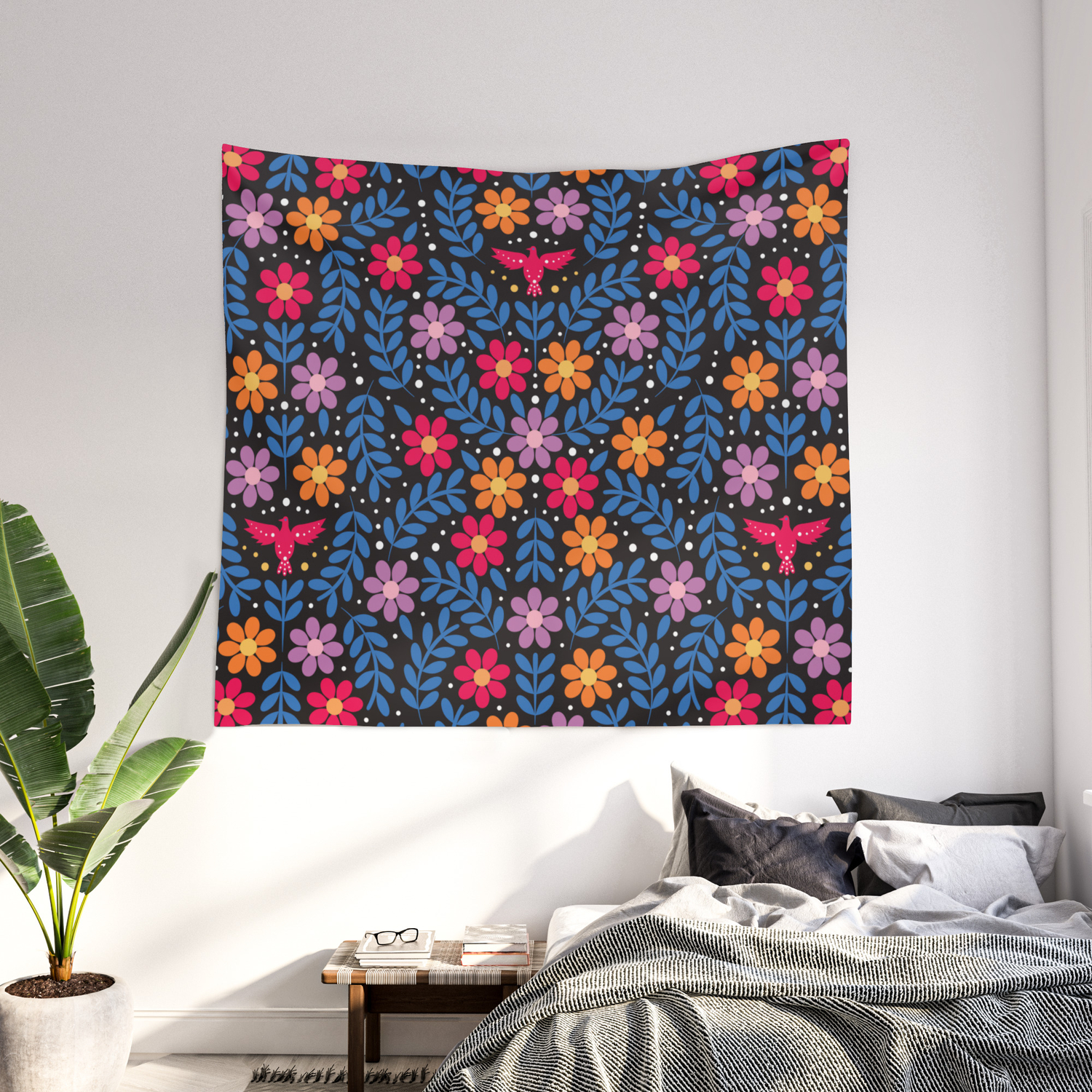 Colorful and Joyful Folk Floral Pattern on Black, Inspired by Mexican  Embroidery Designs Wall Tapestry by Bobbie Val | Society6