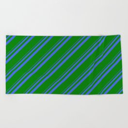 [ Thumbnail: Royal Blue and Green Colored Stripes/Lines Pattern Beach Towel ]
