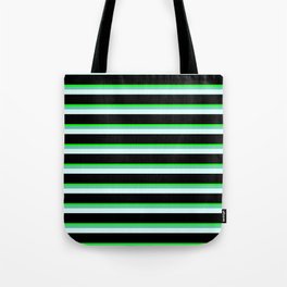[ Thumbnail: Lime, Aquamarine, Light Cyan, and Black Colored Striped Pattern Tote Bag ]