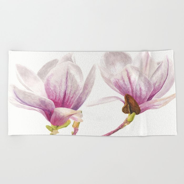 Magnolia Pair, A Watercolor Botanical Painting Beach Towel