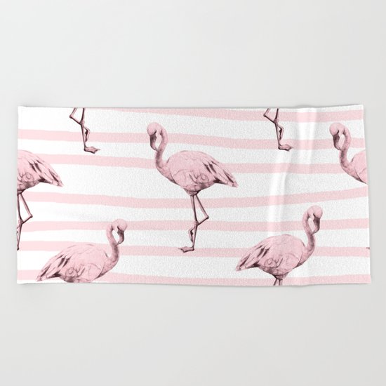 Flamingos on Drawn Stripes in Pink Flamingo Beach Towel