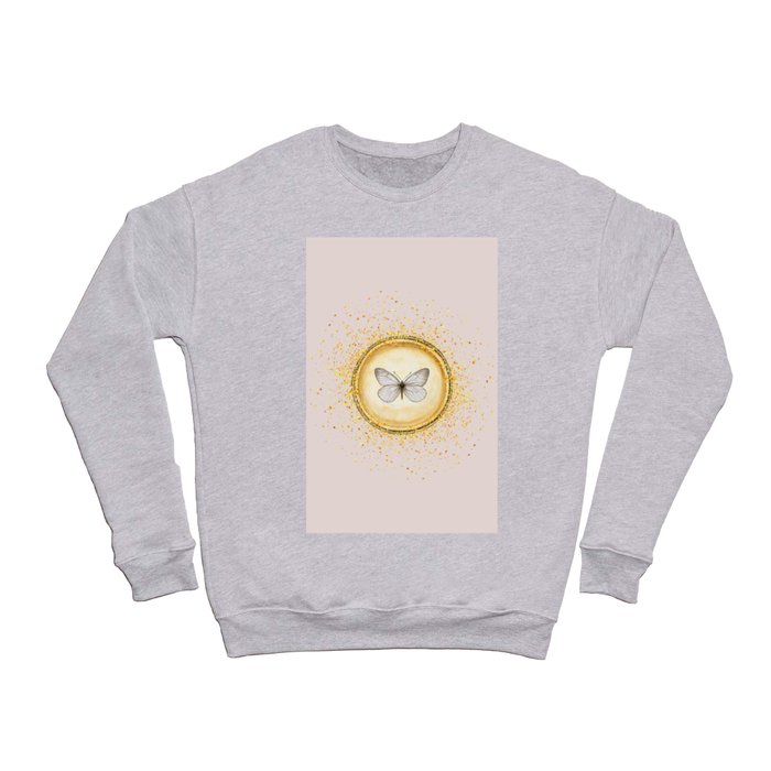 Hand-Drawn Butterfly Gold Circle Pendant on Pale Pink Crewneck Sweatshirt