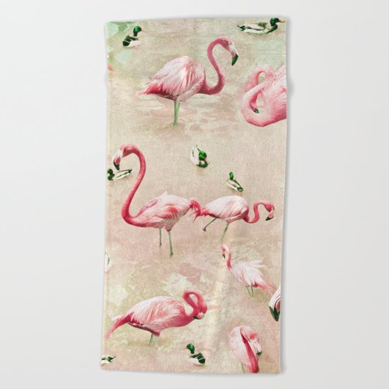 Flamingos Vintage Pink Beach Towel
