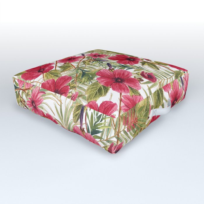 Botanical tropical red pink green gold floral Outdoor Floor Cushion