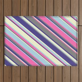 [ Thumbnail: Colorful Hot Pink, Gray, Dark Slate Blue, Light Yellow, and Light Blue Colored Stripes/Lines Pattern Outdoor Rug ]