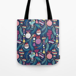 Mexican Christmas Tree // blue background blue pine leaves multicoloured holiday decorations pan dulce balls cacti hearts birds pom-pom garland pinatas santa claus conchas donuts Tote Bag