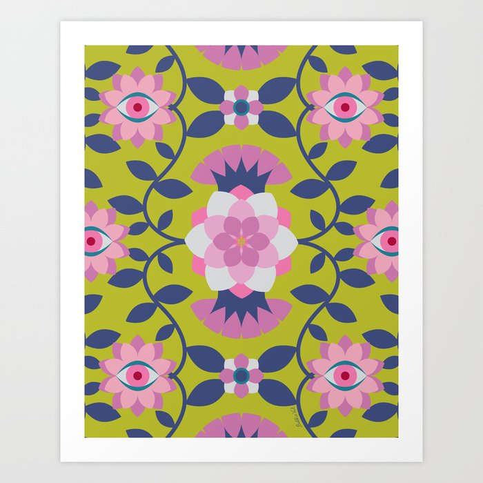 Psychedelic Florals Green, Pink and Blue Art Print
