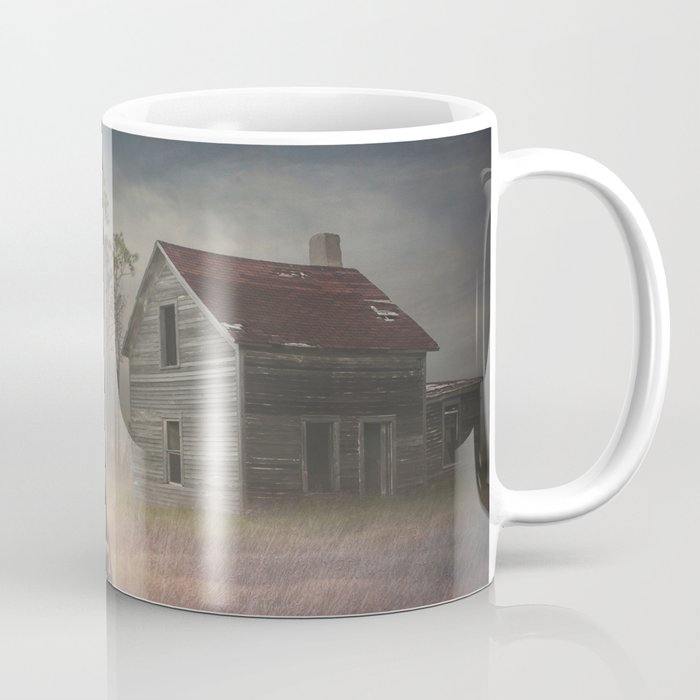 Old Wooden Wagon with Abandoned Farm House in the Morning Mist at Sunrise Coffee Mug