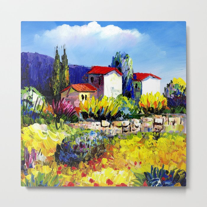 Mediterranean villa colorful tropical countryside garden and flowers flora and fauna landscape acrylic painting Metal Print