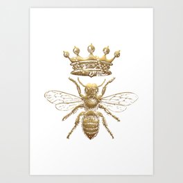 Queen Bee | Vintage Bee with Crown | Gold and White | Art Print