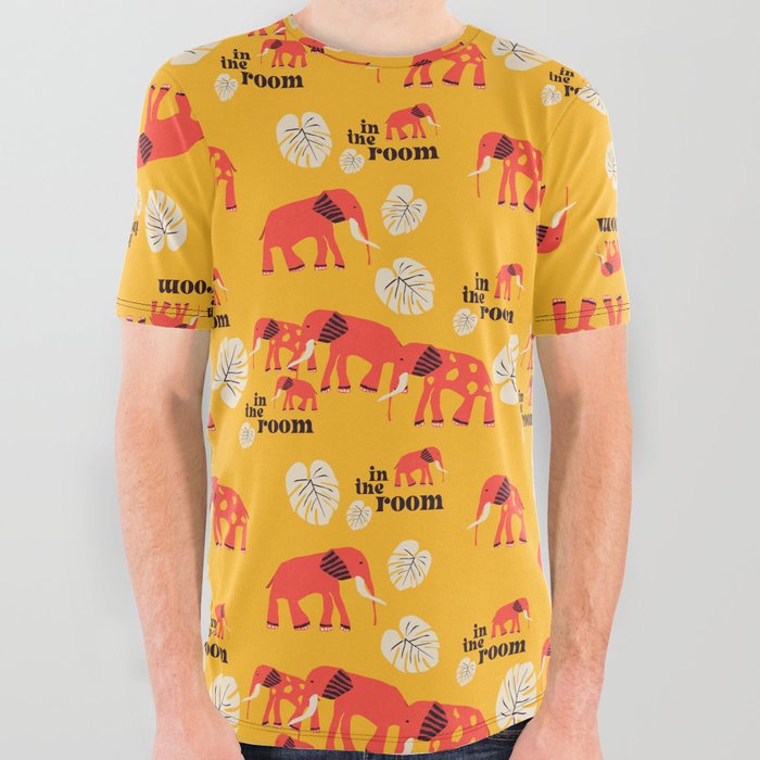 Elephant in the room: Retro font and art in bright red and yellow (with bonus monstera leaf) All Over Graphic Tee