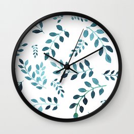 Watercolor Dark Blue Leaves Wall Clock