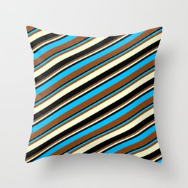 [ Thumbnail: Deep Sky Blue, Brown, Light Yellow & Black Colored Lines Pattern Throw Pillow ]