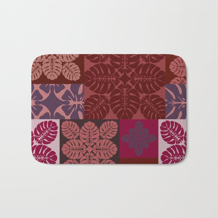 Hawaiian quilt Monstera pattern in maroon Bath Mat