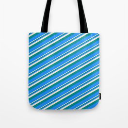 [ Thumbnail: Beige, Dark Cyan, and Blue Colored Lined Pattern Tote Bag ]