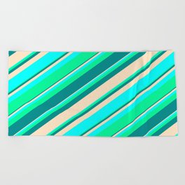 [ Thumbnail: Green, Dark Cyan, Bisque, and Aqua Colored Pattern of Stripes Beach Towel ]