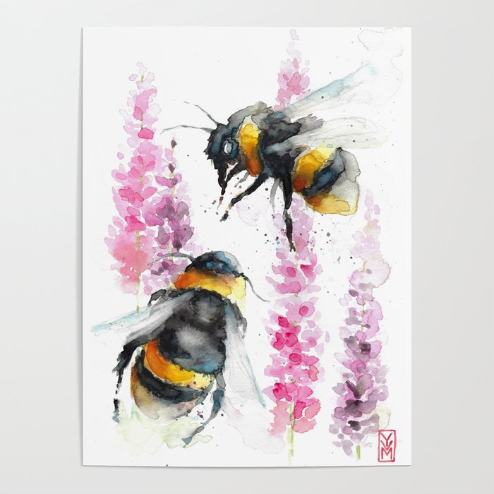 Bumblebees watercolor art Poster