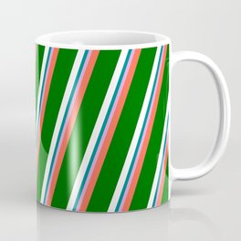 [ Thumbnail: Vibrant Red, Dark Green, White, Teal & Plum Colored Striped Pattern Coffee Mug ]