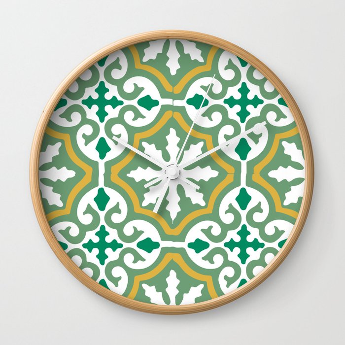 Moroccan Mosaic Tile Pattern Green Yellow Wall Clock By Koovox Moroccan Mosaic Tile Pattern Green Yellow Wall Clock