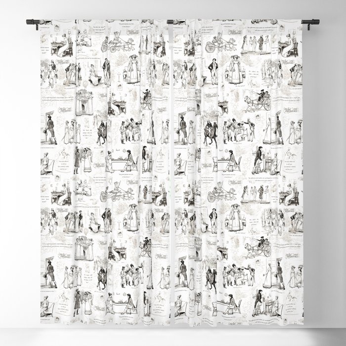 Pride and Prejudice Black White Toile with Quotes Blackout Curtain