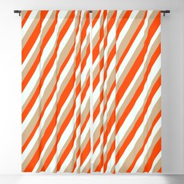 [ Thumbnail: Red, Mint Cream, and Tan Colored Lines Pattern Blackout Curtain ]