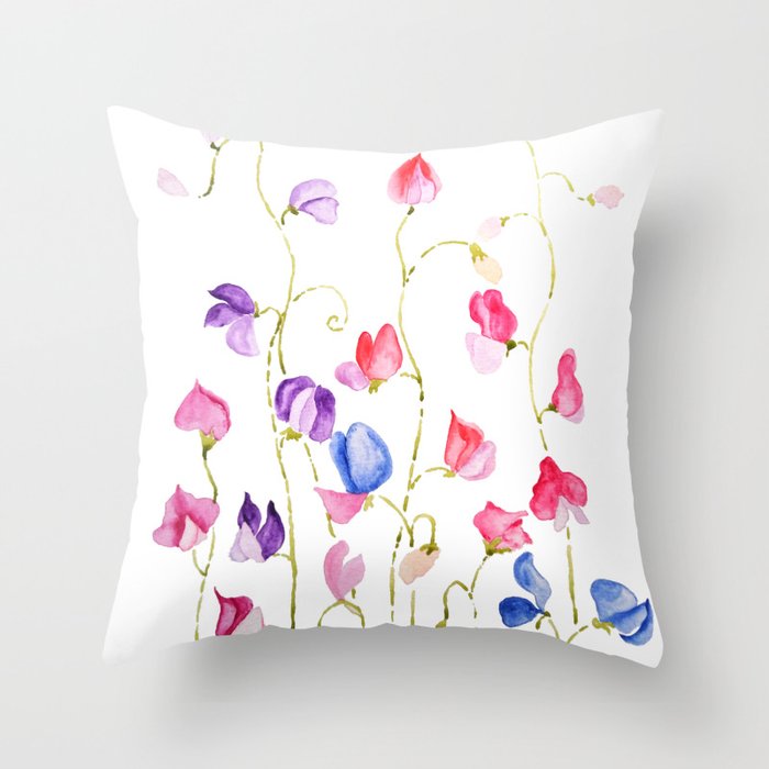 colorful sweet peas flower watercolor Throw Pillow