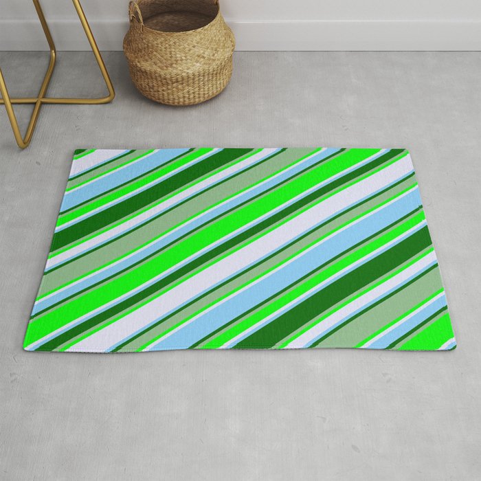 Eye-catching Dark Sea Green, Lime, Lavender, Light Sky Blue, and Dark Green Colored Stripes Pattern Rug