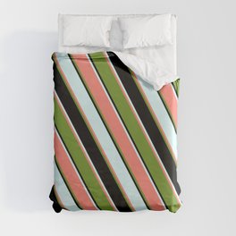 [ Thumbnail: Light Cyan, Salmon, Green, and Black Colored Pattern of Stripes Duvet Cover ]