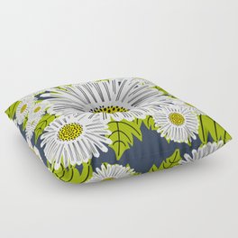 Retro Modern Daisy Flowers On Navy Floor Pillow