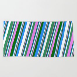 [ Thumbnail: Vibrant Sea Green, Violet, Dark Green, Blue, and White Colored Stripes/Lines Pattern Beach Towel ]