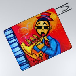Musician against red background with blue piano keys Picnic Blanket