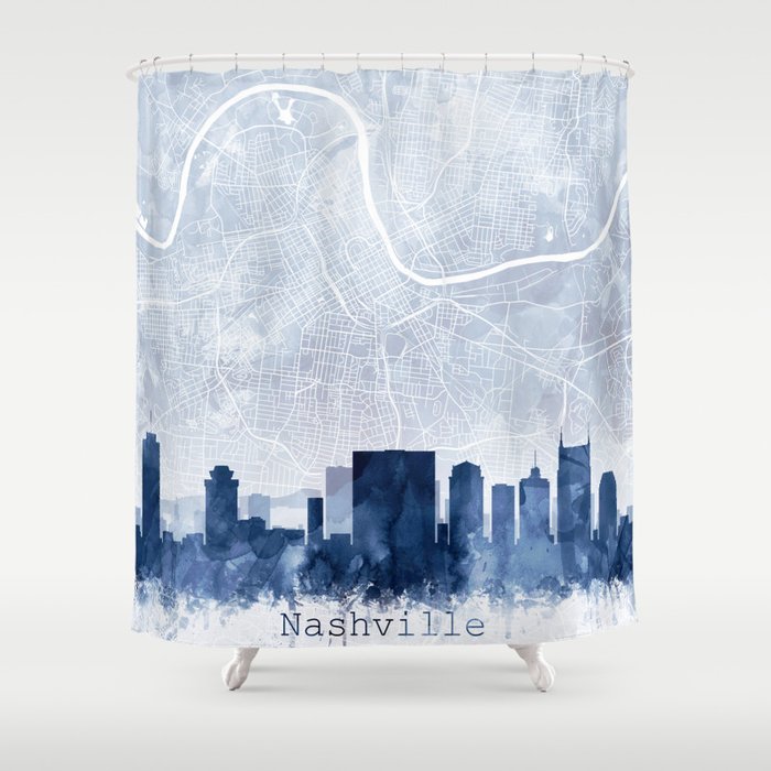 Nashville Skyline & Map Watercolor Navy Blue, Print by Zouzounio Art Shower Curtain
