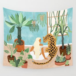Urban Jungle Illustration, Tiger Home Decor, Woman & Modern Bohemian Wildlife Painting Wall Tapestry