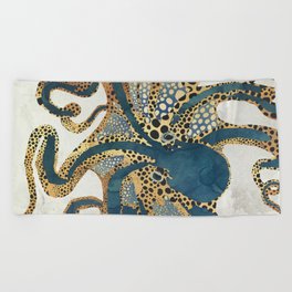 Underwater Dream VI Beach Towel | Marine, Gold, Contemporary, Sea, Graphicdesign, Blue, Copper, Animal, Octopus, Nature 