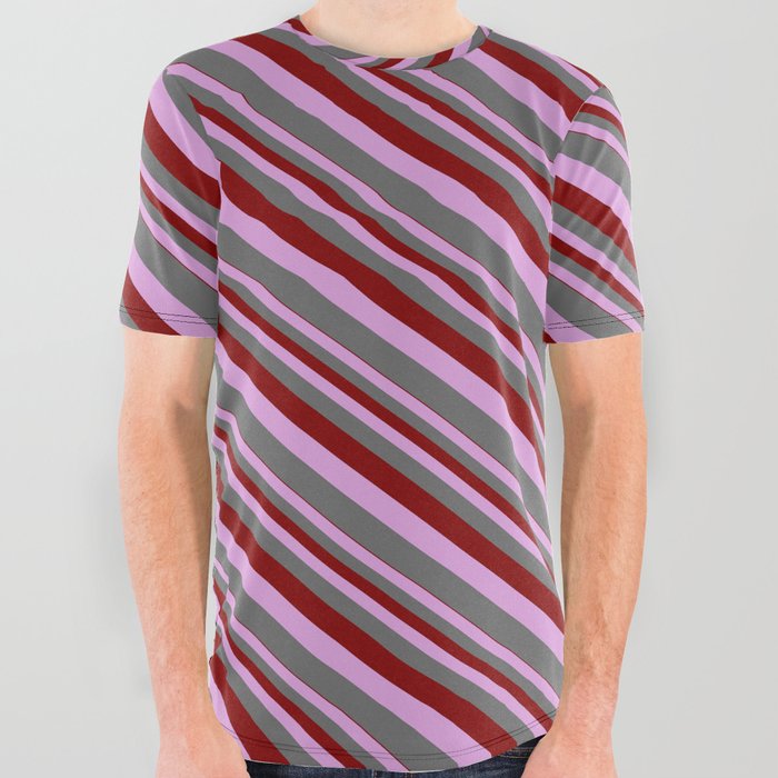 Maroon, Plum & Dim Grey Colored Lined/Striped Pattern All Over Graphic Tee