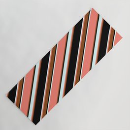 [ Thumbnail: Salmon, Brown, Black & Light Cyan Colored Pattern of Stripes Yoga Mat ]
